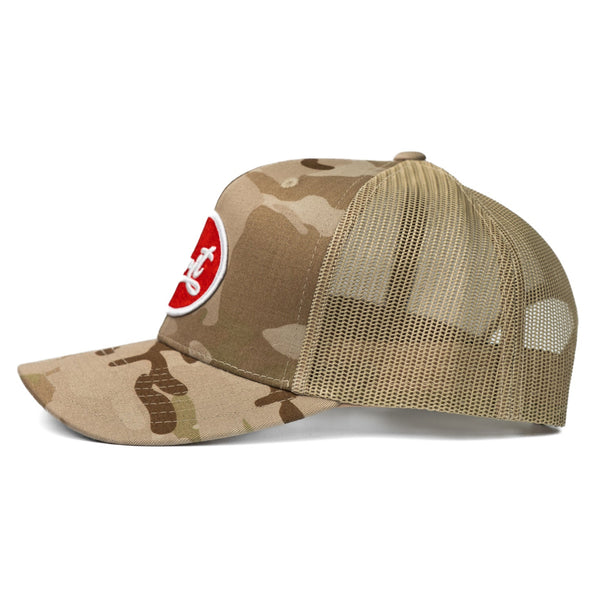 Camouflage baseball cap with a red and white logo on a white background