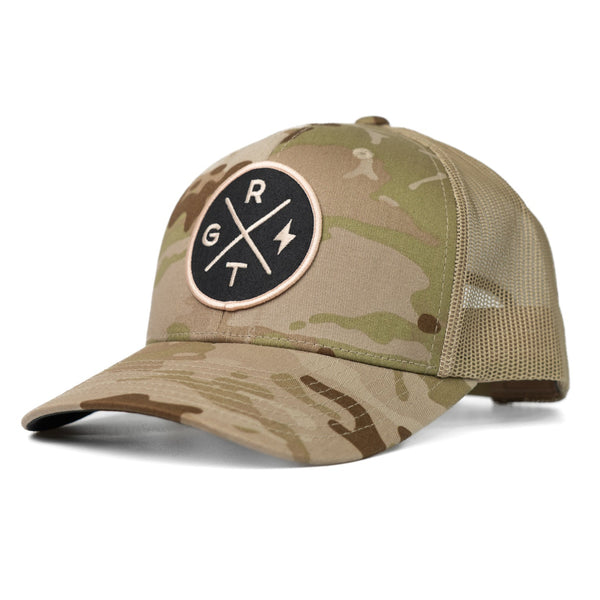 Camouflage baseball cap with a logo on a white background