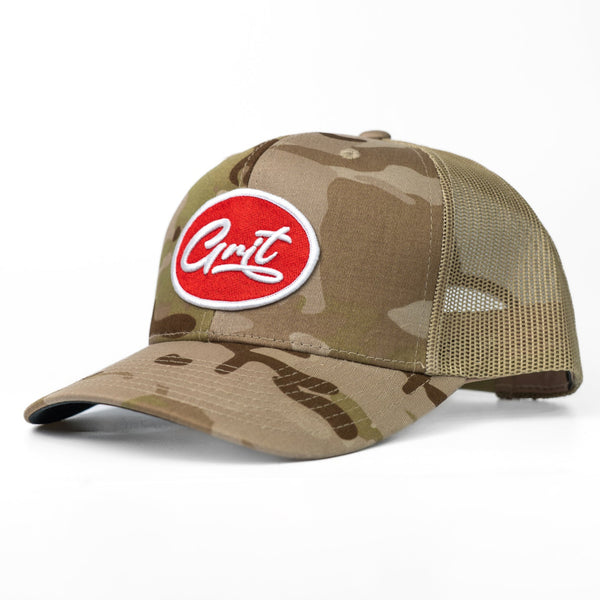 Camouflage baseball cap with a red logo on a white background